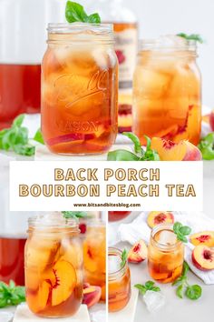 this is an image of back porch bourbon peach tea in mason jars with basil leaves and sliced peaches