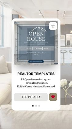 the open house real estate flyer is displayed in front of a living room and kitchen