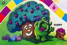 an image of a cartoon character in front of a tree with apples and plums on it