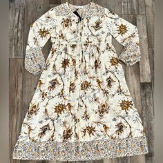 Nwt - Long Sleeve Midi Dress With Deep V-Neck And Tie At Neckline. Blue & Gold Boho Floral Print. T Shirt Midi Dress, 1950s Pinup, Cocktail Dress Short, White Ruffle Dress, Boho Midi Dress, Dresses Boho, Halter Midi Dress, Tiered Midi Dress, Leopard Dress