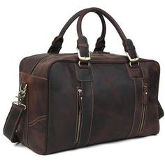 Genuine Leather Duffle Bags Brown Travel Weekender Bag With Pockets, Brown Weekender Bag With Pockets For Travel, Vintage Large Capacity Duffle Bag, Vintage Rectangular Weekender Bag For Weekend Trips, Brown Duffle Bag With Zipper For Overnight Trips, Brown Duffle Bag For Overnight Trips, Brown Satchel With Zipper For Weekend Trips, Retro Travel Satchel With Zipper Closure, Vintage Leather Weekender Bag With Large Capacity