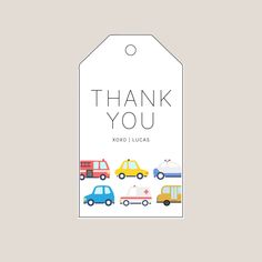 thank you tag with colorful cars and trucks on the front, in black lettering that says thank you