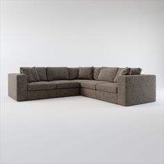 a large sectional couch with pillows on the top and bottom corner, in front of a white background