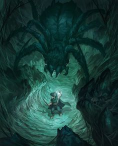 an image of a man in the middle of a forest with a giant monster behind him