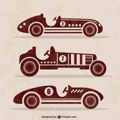 three vintage racing cars are shown in red and brown