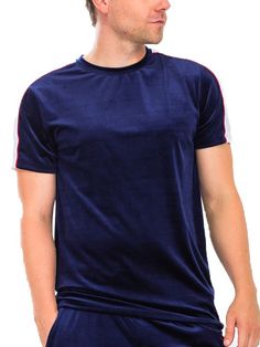 VELVET STRIPE TSHIRTPIPING DETAIL95 POLY 5 SPANREGULAR FITMade In: Imported Navy Sporty Shirt For Sports, Short Sleeve Sports Tops With Side Stripes, Navy Sporty Shirt With Crew Neck, Sporty Navy Shirt With Crew Neck, Navy Sporty Crew Neck Shirt, Navy Sporty Crew Neck T-shirt, Velvet Tshirt, Medium Highlights, Electronic Gift Ideas