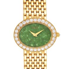 Piaget 18k Yellow Gold Jadeite Dial Diamond Ladies Watch P10242 | SwissWatchExpo Crystal Green, High End Watches, Rolex Air King, Womens Watches Luxury, Gold Hands, Bezel Diamond, Ladies Watch, Swiss Watches, Rolex Datejust