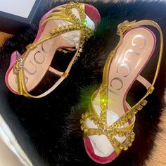 100% Authentic Gucci Velvet/Crystal Platform Sandals Nwot- Brand New, Never Worn. Comes With Original Box & Dust Bags. Details: Runs True To Size. Lined With Yellow Crystals. Heel Height Is 4.25 Inches. These Bold Open-Toe Sandals Are A Beautiful Statement Heel! Especially For The Summer With The Vibrant Color Of Pink. Open To Reasonable Offers! Luxury Pink Sandals With Rhinestones, Luxury Bedazzled Open Toe Heels, Designer Rhinestone Sandals With Open Heel, Designer Sandals With Rhinestones And Open Heel, Luxury Pink Embellished Sandals, Gucci Embellished High Heels, Glamorous Gucci Sandals For Party, Glamorous Gucci Party Sandals, Designer Round Toe Sandals With Rhinestones