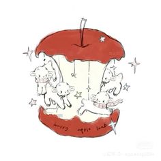 a drawing of an apple with sheep on it and stars in the sky around it