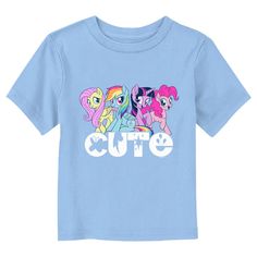 Join in on the spirit of magic with exciting new officially licensed apparel for the whole family from the ever-popular animated series My Little Pony: Friendship is Magic! This Toddlers' My Little Pony: Friendship is Magic Cutie Characters Graphic T-Shirt features Fluttershy, Pinkie Pie, Rainbow Dash, and Twilight Sparkle posing above the word: "Cute" written in bold white lettering. Grab this My Little Pony: Friendship is Magic gear for your baby today and head on down to Ponyville in style! Blue Anime Print Tops For Fan Merchandise, Character Style Short Sleeve T-shirt With Cartoon Print, Cute Character Print T-shirt For Disney Fan Events, Cute Cartoon Print Tops For Fan Merchandise, Cute Tops With Cartoon Print For Fans, Cute Blue T-shirt With Cartoon Print, Blue Cartoon Print T-shirt For Fans, Blue Cartoon Print T-shirt Fan Merchandise, Blue Cartoon Print T-shirt For Disney Fan Events