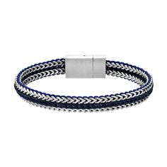 He'll love the eye-catching look of this Men's LYNX Stainless Steel Blue Cord Bracelet. Click on this JEWELRY & WATCHES GUIDE to learn about fit, styles, materials and more! He'll love the eye-catching look of this Men's LYNX Stainless Steel Blue Cord Bracelet. Click on this JEWELRY & WATCHES GUIDE to learn about fit, styles, materials and more! FEATURES Chain type: foxtail Length: 8.5 in. Closure: magnetic Nickel free Metal: stainless steel Finish: satin Packaging: boxed Imported Size: 8.5". Ge Satin Packaging, Cord Bracelet, Statement Bracelet, Cord Bracelets, Mens Jewelry Bracelet, Lynx, Box Chain, Steel Blue, Jewelry Watches