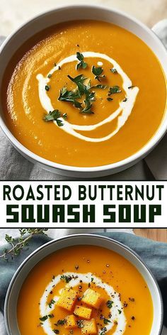 two bowls of roasted butternut squash soup