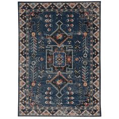 a blue rug with an intricate design on the front and back side, in different colors