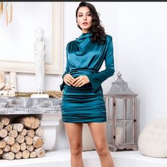 Be The Life Of The Party Blue Long Sleeve Mini Dress For Party, Blue Long Sleeve Mini Dress For Holiday, Elegant Blue Mini Dress For Party, Blue Mini Dress For Party, Blue Mini Dress For Spring Party, Chic Blue Mini Dress For Party, Blue Long Sleeve Mini Dress For Party Season, Elegant Blue Mini Dress For Night Out, Blue Dressy Mini Dress For Party