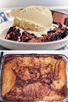 two pictures one with cake and the other with ice cream on top in different dishes