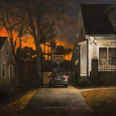 a painting of a car parked in front of a house at night with the lights on