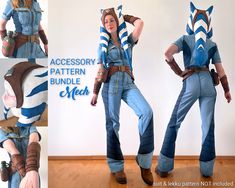 a woman in overalls and boots is posing with her hands on her hips while wearing a costume