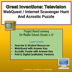 a poster with the words great inventors television, webquest / internet scavenger hunt and acrostic puzzles