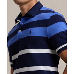 This striped Polo shirt is crafted with moisture-wicking stretch piqué that is washed for extra softness. Sporty Striped Polo Shirt With Signature Stripes, Navy Classic Top With Horizontal Stripes, Classic Navy Tops With Horizontal Stripes, Classic Navy Top With Horizontal Stripes, Sporty Striped Collared Polo Shirt, Sporty Striped Cotton Polo Shirt, Casual Striped Polo Shirt, Navy Fitted Top With Contrast Stripes, Classic Striped Relaxed Fit Polo Shirt