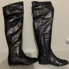 Brand New! Italian Leather Black Boots H 21 In Black Wide Calf Knee-high Boots With Flat Heel, Black Knee-high Boots With Wide Calf And Flat Heel, Black Flat Heel Knee-high Boots With Wide Calf, Black Casual Boots With Almond Toe, Casual Black Boots With Almond Toe, Classic Black Knee-high Boots With Almond Toe, Classic Black Knee-high Boots Medium Width, Classic Black Almond Toe Knee-high Boots, Black Almond Toe Knee-high Boots