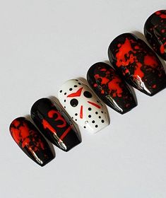 Get ready for spooky season with these Halloween nail designs that will level up your costume game! From classic jack-o'-lanterns to creepy cobwebs, this tutorial will show you how to create the perfect manicure for the scariest night of the year. Whether you're a beginner or a nail art pro, these designs are sure to impress at any Halloween party. Pennywise Press On Nails, Jason Mask, Halloween Nail, Halloween Make