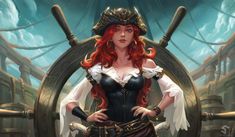 a woman with red hair wearing a pirate costume standing in front of a ship's steering wheel