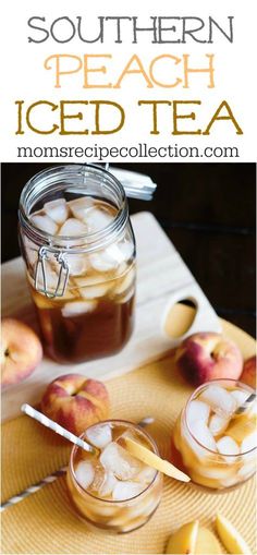 two glasses filled with iced tea sitting on top of a wooden table next to apples