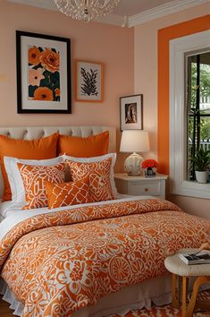 an orange and white bed in a bedroom with pictures on the wall above it, along with a chandelier