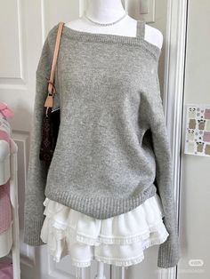 Grey Sweater Outfit Aesthetic, Grey Clothes Aesthetic, How To Style A Sweater, Grey Cardigan Aesthetic, Acubi Knit Sweater, Ae Outfits, Kawaii Clothes Sweaters & Cardigans, Fairycore Clothes Sweaters & Cardigans, Jirai Kei Sweater