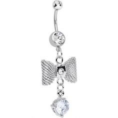 14 Gauge (1.6mm), 7/16" (11mm), 316L Surgical Grade Stainless Steel, 5mm Ball A feminine dangling navel ring takes an already charming silver bow and gives it plenty of dazzle with the addition of clear gems. Embrace formal attire with a girly twist, thanks to this fancy stainless steel belly button ring. Elegant Body Jewelry With Bling For Gifts, Elegant Body Jewelry For Formal Occasions, Elegant Formal Body Jewelry, Elegant Metal Belly Rings For Gift, Elegant Metal Belly Rings As Gift, Silver Cubic Zirconia Jewelry With Bow Detail, Silver Cubic Zirconia Jewelry With Bow, Dangle Metal Belly Rings, Elegant Metal Dangle Belly Rings