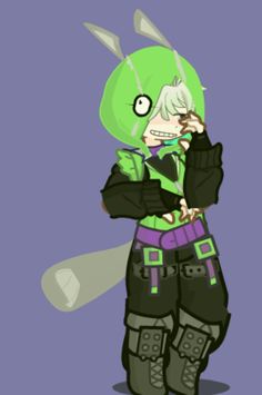 an anime character with green hair and black pants, standing in front of a purple background