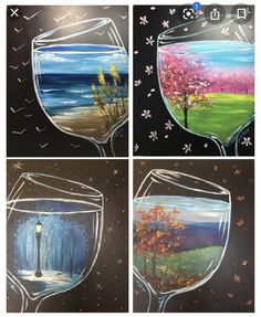 three paintings of wine glasses with trees and water in them, one is filled with flowers