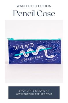 a blue pencil case with the words wandd in white writing on it and an image of