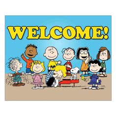 a group of cartoon characters standing in front of a welcome sign with peanuts on it