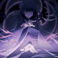 an anime scene with a woman sitting on the ground in front of a dark background