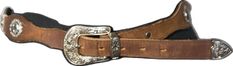 a brown leather belt with silver buckles