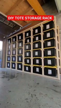 there is a storage rack with many boxes on it