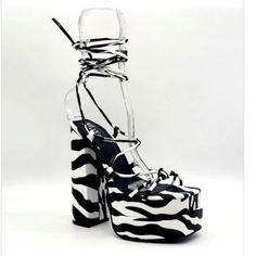 Cute And Casual Zebra Print Open Toe Heels! Has Chunky Heel Details! Has Lace Up Details! Fits True To Size! Approx 6.4 Inch Heel! #Zebraheels! Black High Heels With Zebra Print, Spring Zebra Print High Heels, High Heel Zebra Print Party Heels, Spring Zebra Print Heels, Chic Zebra Print High Heels, Zebra Heels, Zebra Print Heels, Open Toe Heels, 4 Inch Heels