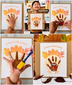 a collage of photos showing children's handprints with leaves and the words cute little turkey