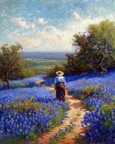 a painting of a person walking down a path in a field full of blue flowers