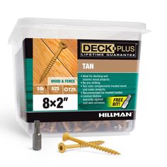 deckplus wood and fence screws in a plastic container with free bitz