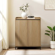 a wooden cabinet sitting next to a potted plant on top of a white rug