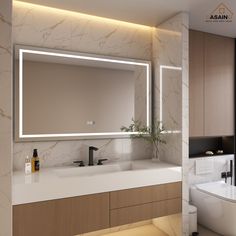 a bathroom with a sink, mirror and toilet in it's center wall area