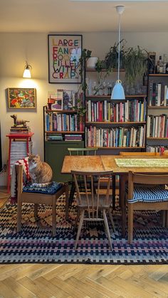 a cat sitting on top of a wooden table in front of a bookshelf