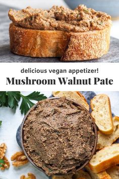 two pictures with different types of food on them and the words delicious vegan appetizer mushroom walnut pate