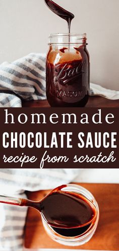 homemade chocolate sauce in a jar and spoon with text overlay that reads homemade chocolate sauce recipe from scratch