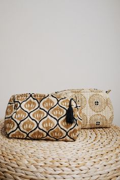 Style // An all time classic boho Mellow Yellow and black pattern on a cream backdrop that is guaranteed to give you heart eyes. The most beautiful boho wash bag that makes the perfect gift, and all time travel essential. Featuring an useful zip and padded design, it is perfect for keeping your products organised while travelling or looking boho and beautiful on your bathroom shelf at home! Hand printed with natural dies, using traditional block techniques. Materials : 100% Cotton For EVERY Mark Ring Sling, Clothes Basket, Bathroom Shelf, Wash Bag, Linen Set, Mellow Yellow, Clothes And Accessories, Wash Bags, Black Pattern