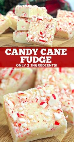 some candy cane fudges are stacked on top of each other and the text overlay reads, candy cane fudge only 3 ingredients