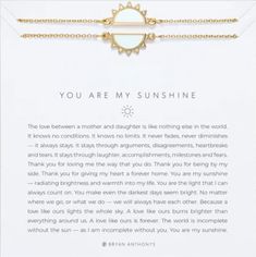 PRICES MAY VARY. YOUR STORY MATTERS: The You Are My Sunshine necklace symbolizes the limitless love between a mother and daughter. This gold jewelry for women, represents how this love stays through arguments, disagreements, heartbreaks, tears, laughter, accomplishments, milestones and fears. HIGH QUALITY: Our hypoallergenic 14K Gold necklaces for women are made with a strong, gold plated, brass chain. This is a 2 necklace set. Each piece sporting half a gorgeous sun pendant on a chain necklace Meaningful Jewelry Necklaces, Year Necklace, Gold Necklace For Women, Sunshine Necklace, Thank You For Loving Me, Mountain Necklace, Sweet Necklace, Awareness Bracelet, Sun Pendant