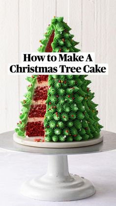 a red velvet christmas tree cake on a white pedestal